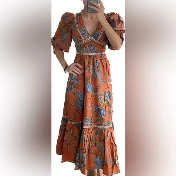HOUSE OF HARLOW 1960 Wanda Midi Dress Orange Floral Puff Sleeve Pockets - Picture 4 of 4